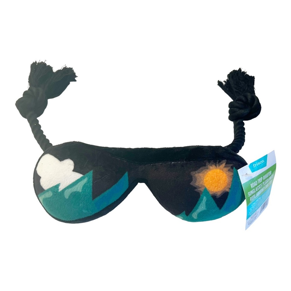 Road Trip Aviator Plush Sunglasses Dog Toy w Rope Squeaker Dog Toy